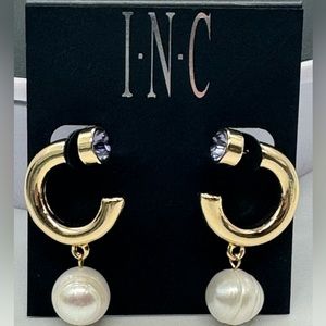 INC Gold Tone Open Hoop with Dangling Faux Pearl Purple Crystal Post Earrings